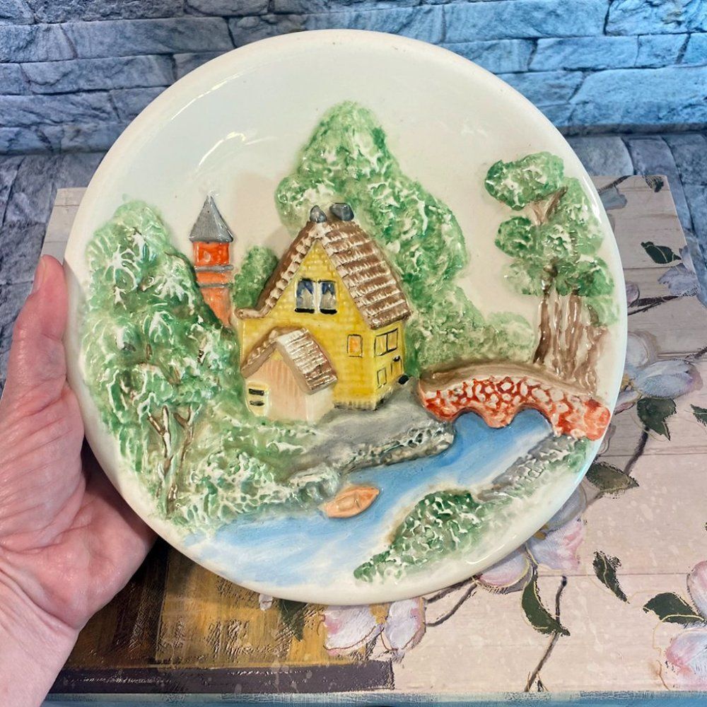 Vintage 1970s Plate Chalkware Farmhouse Decor Cottagecore Hand Painted